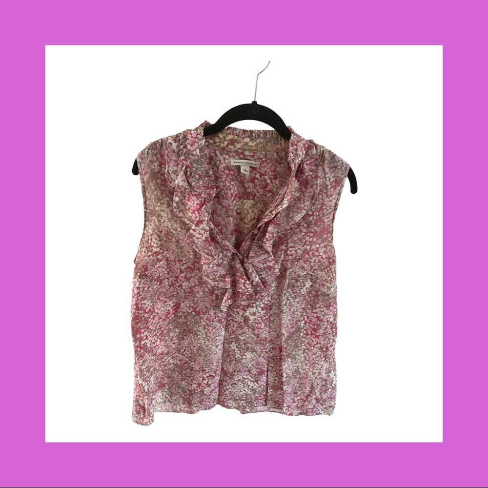 Gorgeous lightweight ruffled v-neck pink, white & beige blouse!!